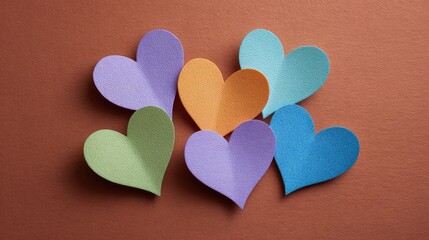 Poster - Colorful Heart Shapes on Brown Background for Creative Projects, Valentine's Day, Love Themes, Crafts, and Artistic Expressions for Stock Photography