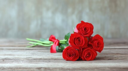 Poster - A Beautiful Arrangement of Fresh Red Roses with a Soft Focus on a Rustic Wooden Table, Perfect for Romantic Occasions and Floral Designs