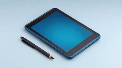 Poster - Sleek modern tablet device with a blank screen ready for digital creativity, located next to a stylish black pen on a smooth pastel background