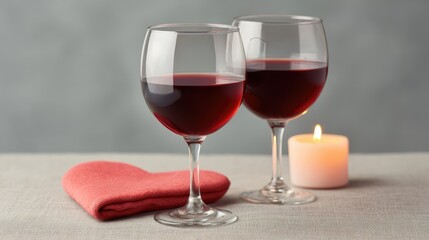 Poster - Romantic Setting with Two Glasses of Red Wine on a Table with a Heart-Shaped Napkin and a Soft Candle Glow for Intimate Evenings