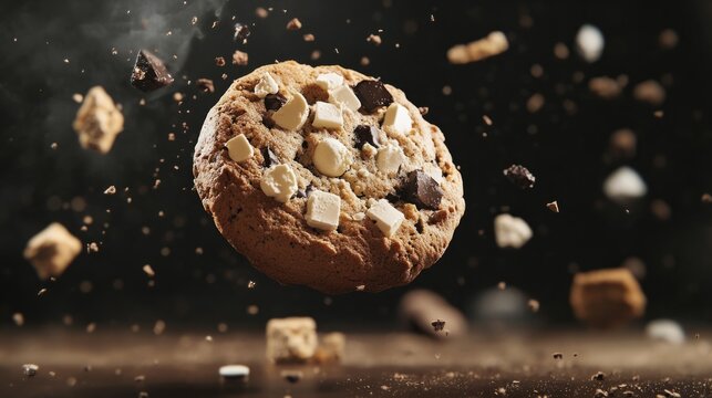 Rendered cookie suspended with ingredients orbiting around it, generative ai