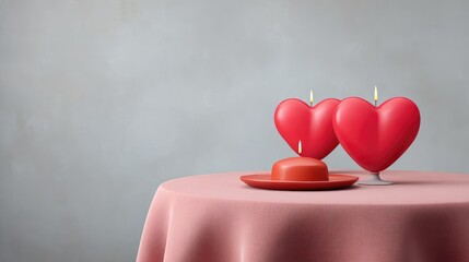Poster - Romantic Heart-Shaped Candles on a Table Setting for Love and Celebration, Soft Gray Background Ideal for Valentine's Day and Special Occasions