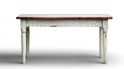 Poster - Vintage Distressed Wooden Table with Cracked White Paint and Natural Wood Top Ideal for Rustic Decor, Home Styling, or Photography Backdrops in Natural Light