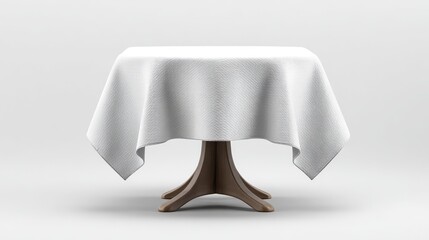 Poster - Elegant round table with a crisp white tablecloth on a minimalistic background, ideal for dining or event decoration in contemporary spaces.