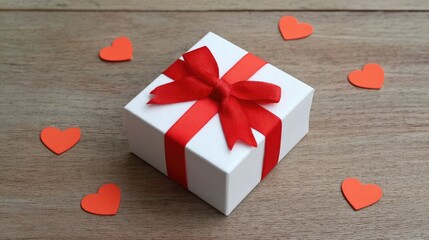 Poster - Beautifully Wrapped Gift Box Surrounded by Red Heart Decorations on a Wooden Background Perfect for Celebrations, Anniversaries, and Special Occasions