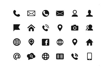 Poster - Essential Communication Icons: A curated set of minimalistic, monochrome communication symbols, including phone, email, location, and more.