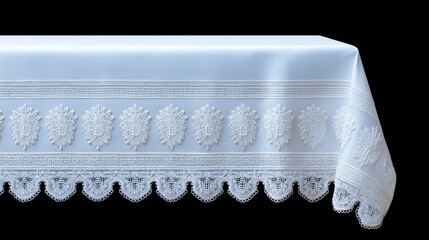 Fototapete - Elegant White Tablecloth with Intricate Lace Trim and Delicate Embroidery on a Black Background for Sophisticated Dining Decor