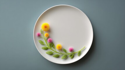 Poster - Delicate Arrangement of Colorful Edible Flowers and Green Leaves on a Plain White Plate Against a Soft Pastel Background for Culinary and Decoration Purposes
