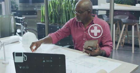 Poster - Senior engineer tapping tablet and revealing animated service icons while reviewing metrics