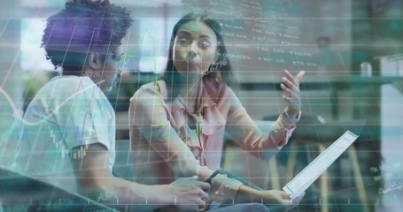 Poster - Mid-adult woman raising tablet and explaining market data to colleague while animated charts rising