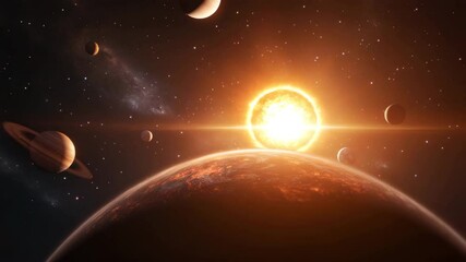 Wall Mural - Solar system with planets and glowing sun space, cosmic scene with stars and celestial bodies creating mysterious and vast universe atmosphere, bright fiery cosmic scene with stars and glowing