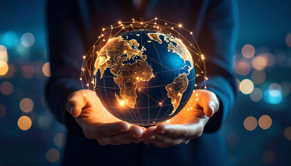 Poster - A person holds a glowing globe, symbolizing global connectivity and technology, against a blurred, illuminated background