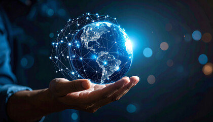 Poster - A glowing globe with a network overlay is held in a hand, symbolizing global connectivity and technology's role in the modern world