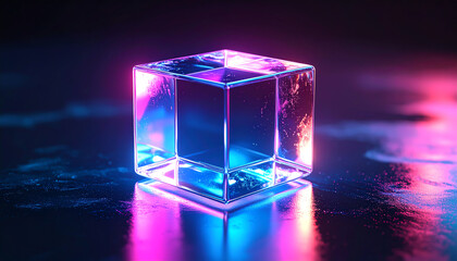 Poster - A glowing, transparent cube reflects vibrant blue and pink lights, creating a captivating visual effect on a dark surface