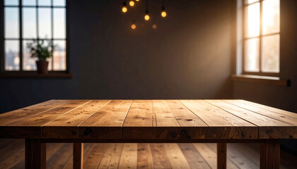 Poster - A warm, inviting wooden table is illuminated by soft light from windows, creating a cozy atmosphere in a minimalist room