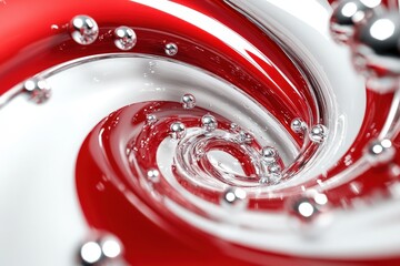 Fototapete - Abstract swirl of red and white liquid with metallic spheres.