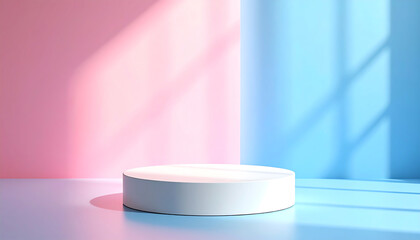 Poster - A minimalistic scene featuring a round white platform against pastel pink and blue walls, creating a serene and modern aesthetic