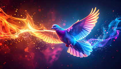 Poster - A vibrant, digital depiction of a dove soaring with colorful flames and sparkles, symbolizing freedom and transformation