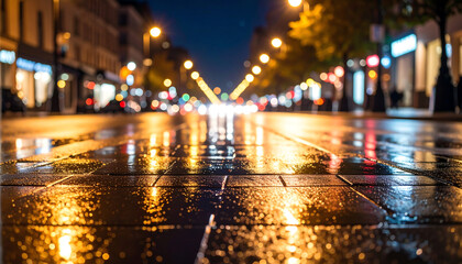 Poster - A vibrant city street at night, reflecting lights on a wet pavement, creating a serene and atmospheric scene
