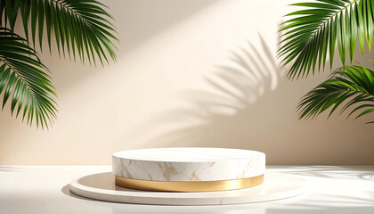 Poster - A minimalist display platform surrounded by lush palm leaves and soft shadows, creating an elegant ambiance