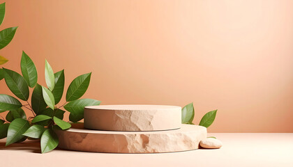 Poster - Minimalistic scene featuring circular stone platforms adorned with green leaves against a soft peach background, conveying tranquility and natural beauty