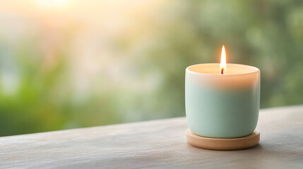 Aufkleber - A serene scene featuring a lit candle in a modern holder, creating a calming atmosphere with a soft glow and warm ambiance.