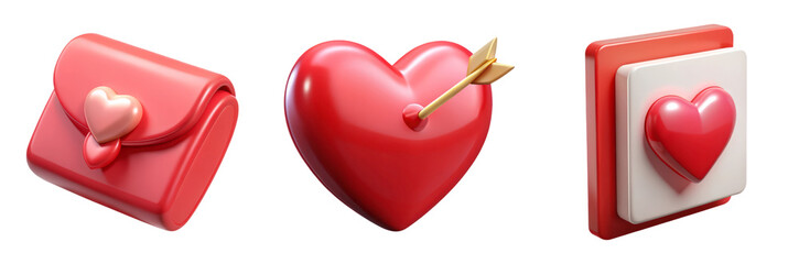 Poster - Valentines day icon set high quality 3d rendering envelope pierced heart app with heart land transportation isolated on white background for social media posts