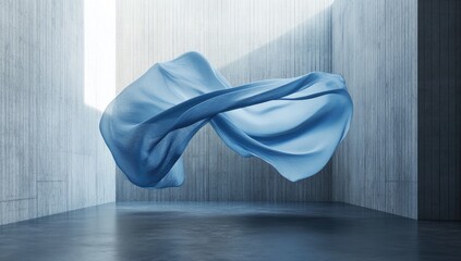 Poster - Light Blue Fabric Swirling in Modern Concrete Space.  Possible use Fashion, design