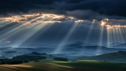 Poster - Dramatic Light Rays Illuminate Rolling Hills During Twilight Generative AI