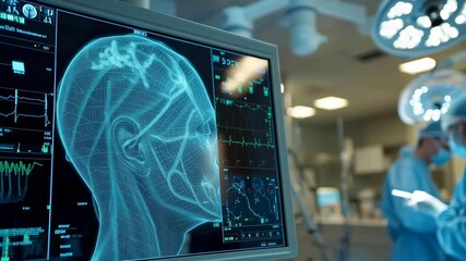 Aufkleber - A computer monitor displays a face with a blue screen. A group of people are standing behind the monitor, possibly doctors or medical staff. Concept of technology and medical expertise