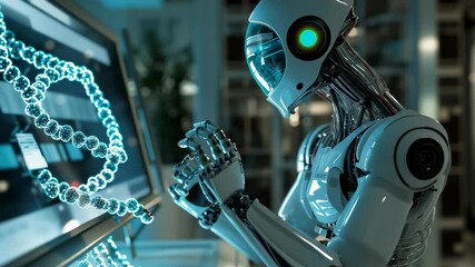 Aufkleber - A robot is working on a computer monitor with a DNA strand on it. The robot is white and has a blue face