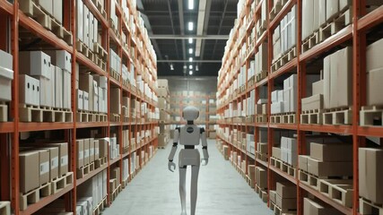 Aufkleber - A robot is walking through a warehouse with a lot of boxes. The robot is white and has blue eyes