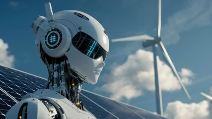 Aufkleber - A robot with a white face stands in front of a wind turbine. The robot is wearing headphones and has a futuristic appearance. Concept of technology and innovation