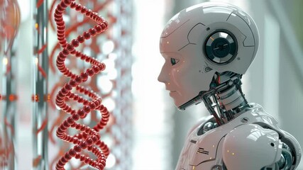 Aufkleber - A robot is looking at a strand of DNA. The robot is white and has a red head