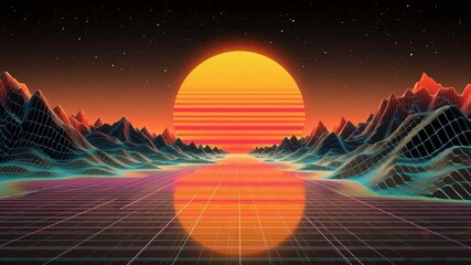 Poster - Vibrant Sunset Over a Digital Landscape With Retro Aesthetic Generative AI