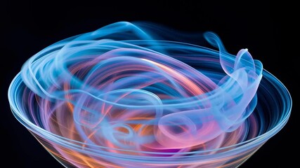 Aufkleber - A swirling vortex of colorful smoke is captured in a glass bowl. The smoke is a mix of blue, pink, and purple, creating a vibrant and dynamic scene. The bowl itself is a clear glass