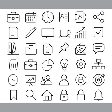 Black and White Business Icon Set Line Art Graphics
