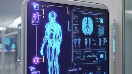 Poster - a computer monitor displays a skeleton and a brain. the skeleton is shown in a blue light, and the b