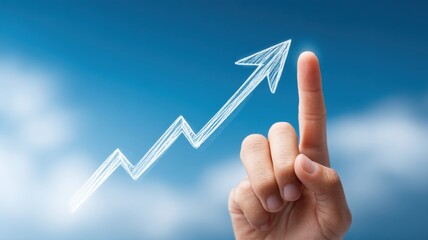 Poster - Personal finance development. A hand pointing upward with an arrow, symbolizing growth and success against a blue sky.