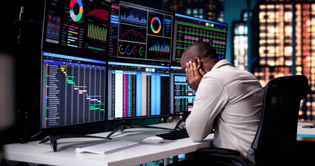 Poster - Stressed African American Businessman Working Late