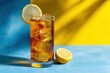 © Andrea - A tall glass filled with ice tea garnished with a lemon slice A halfcut lemon rests on a twotoned blue and yellow surface