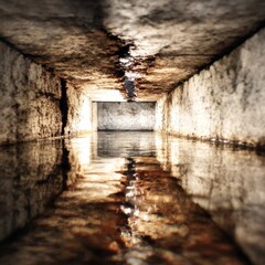 Poster - Beneath the Surface: Reflections in a Flooded Underground Passage with Stone Walls and a Glimmer of Light at the End.