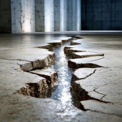 Aufkleber - Cracked Concrete Floor Reflecting Light with Water Filling the Crevices in an Industrial Setting.