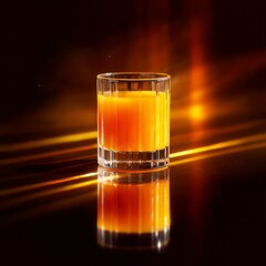Poster - Golden Hour Cocktail: A Vibrant Drink Reflecting on a Dark, Illuminated Surface with Dynamic Light Streaks.