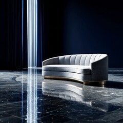Aufkleber - Modern Lounge: A Luxurious Grey Sofa Bathed in Light on a Reflective Marble Floor, Exuding Elegance and Style