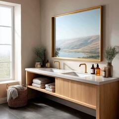 Poster - Stylish bathroom interior with double vanity, landscape painting, and natural light creating a serene and luxurious ambiance.
