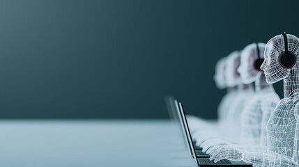 Poster - AI Customer Support Team: A row of AI robots with headsets diligently work on laptops, providing seamless customer support.  The image symbolizes technological advancement in customer service.