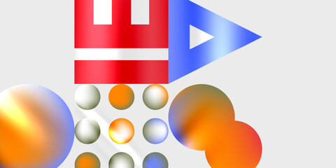 Leinwandbilder - Abstract graphic design features letters, shapes, spheres. Red, white, blue colors dominate composition. Modern aesthetic, simple forms present.