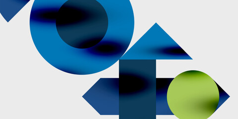 Poster - Abstract geometric shapes overlap, creating gradients. Blue dominates, with green accent. Minimalist design, modern aesthetic.