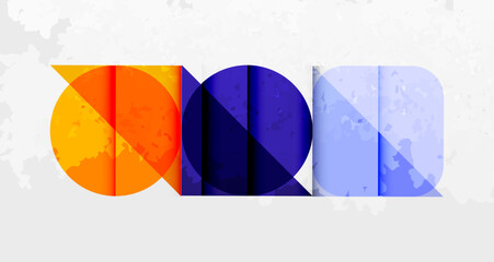 Poster - Abstract geometric shapes, vibrant colors blend. Orange, blue, purple hues create modern design. Textured background adds depth.
